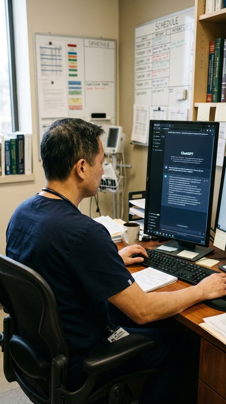 Physician at a desk consulting an AI assistant