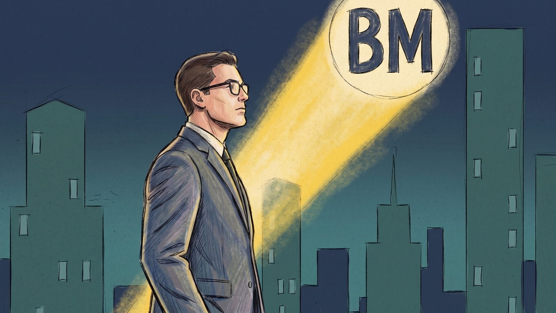 Illustration of a brand manager on a city rooftop at night, a searchlight projecting BM into the sky